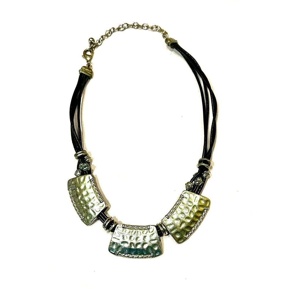 NECKLACE Brutalist Hammered silver metal COOL CAS leather Cords.Retro.Nonbinary